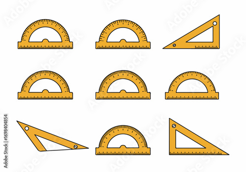 Collection of yellow cartoon protractors and set squares for geometry and educational illustrations on a white background.
