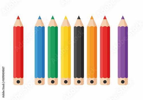Eight colorful pencils in red, blue, green, yellow, black, orange, and purple, standing upright on a clean white background, perfect for education and art themes.