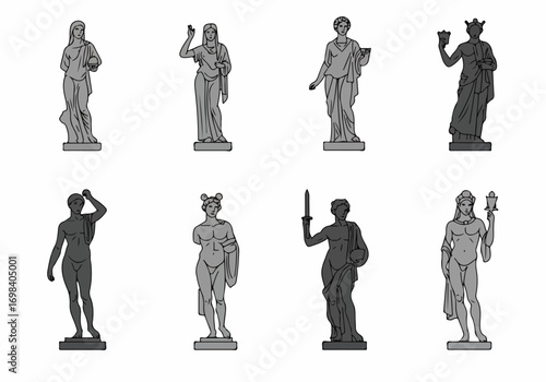 Vector collection of ancient Greek and Roman mythology statues, featuring gods and goddesses in classical art style for historical and cultural themes.