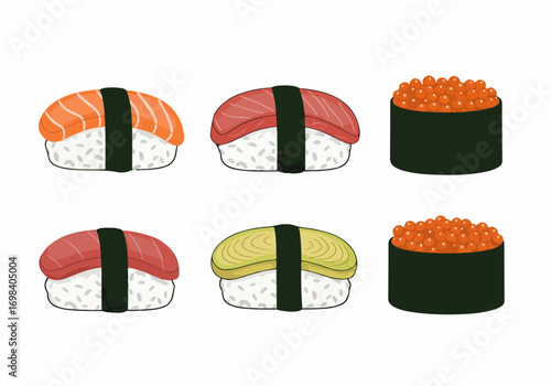 Colorful illustration of various popular sushi types, including salmon, tuna nigiri, and salmon roe gunkan, on a clean white background.