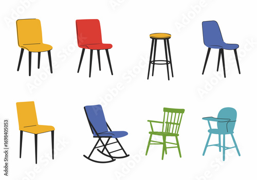 Diverse seating furniture: A vibrant collection of modern and classic chairs, stools, and highchairs in minimalist design.