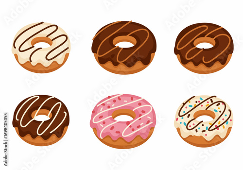 Collection of six colorful cartoon donuts with various icings and sprinkles on a white background, perfect for a sweet treat illustration.