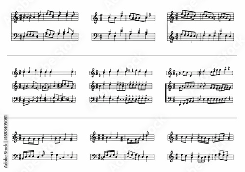 Digital musical notation with treble and bass clefs, showing a variety of notes and measures, isolated on a white background for educational or design use.