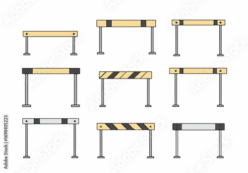 Collection of flat design vector hurdles and barriers, featuring various styles including plain, banded, and striped patterns for sports and safety.