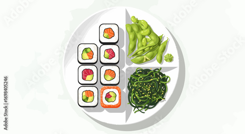 Healthy Japanese Cuisine Platter With Sushi, Edamame, And Seaweed Salad