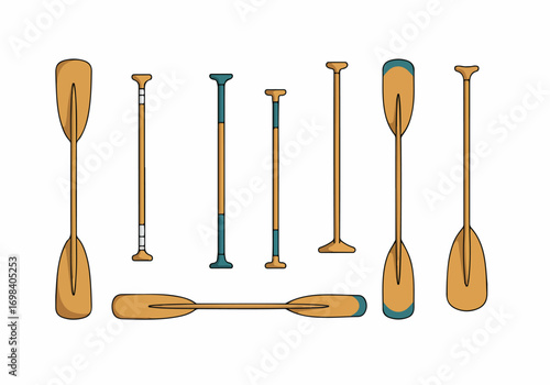 Collection of diverse canoe, kayak, and stand-up paddleboard paddles and oars in flat design, ready for water sports adventures.