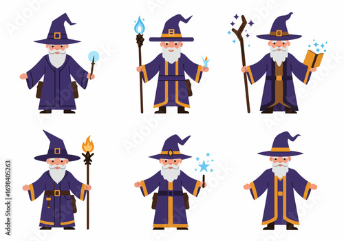 A collection of cartoon wizards in purple robes and hats, holding various magical items like wands, staffs, and spell books, showcasing different enchanting poses.