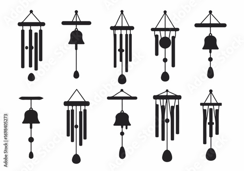 Black silhouette wind chimes and decorative bells collection, symbolizing harmony, meditation, and outdoor decor, isolated on a white background.