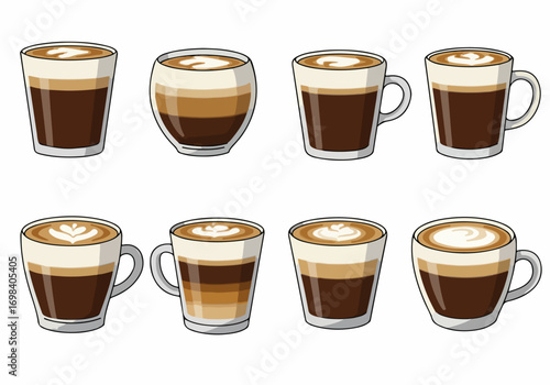 Collection of Cartoon Layered Coffee Drinks with Latte Art in Various Cups and Glasses, Isolated on White Background Vector Set