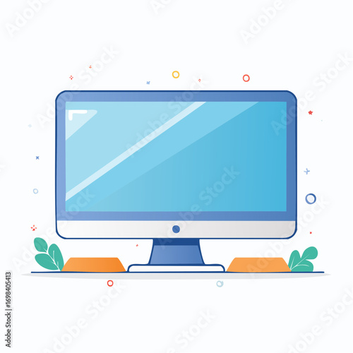 Modern Desktop Computer Monitor With Blue Screen On Orange Stand