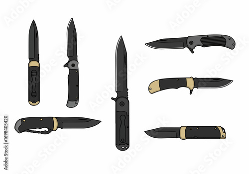 Collection of seven diverse tactical folding knives and pocket knives featuring black and grey blades with varied handle designs, isolated on a clean white background.