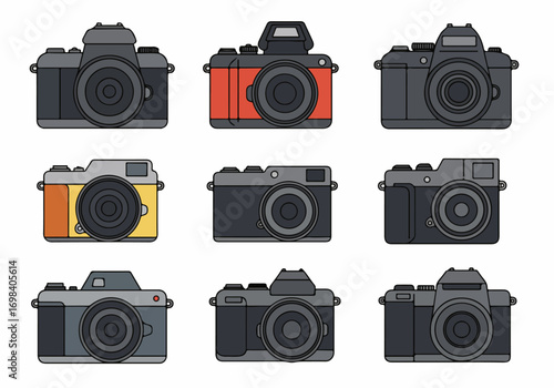 Collection of various retro and modern camera illustrations, showcasing different styles and models for photography enthusiasts and digital media projects.