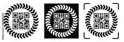High-contrast black and white QR code with grid squares, centered in frame. Simple thin black border. Clean digital design, technical style, suitable for scanning or template use.