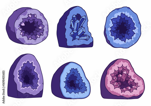 Colorful Illustrated Geodes and Crystal Formations Set on White Background