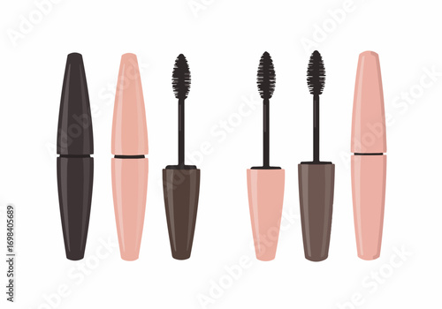 Collection of Mascara Tubes and Brushes in Brown and Pink Hues, Open and Closed, for Beauty and Makeup Products Illustration on White Background.