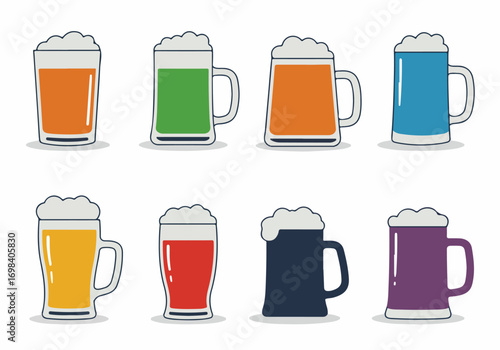 Vibrant flat design vector illustration of multiple beer glasses and mugs filled with different colored beverages and foamy tops, perfect for celebrations and drink themes.