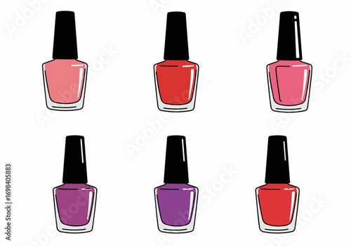 Vibrant collection of six nail polish bottles in pink, red, and purple shades. Simple cartoon illustration of beauty and manicure essentials on white background.