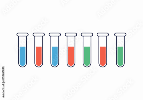 Row of test tubes with various colored liquids, representing scientific experiments, laboratory analysis, medical research, and chemical testing in a minimalistic vector illustration.