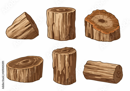 Cartoon set of isolated wooden logs and tree stumps in various shapes, illustrating natural timber elements with distinct grain patterns, ideal for rustic designs.