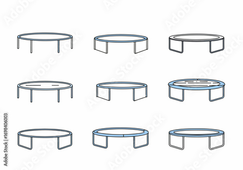 Nine minimalist line art illustrations of circular trampolines, depicting various styles of outdoor and indoor jumping equipment.