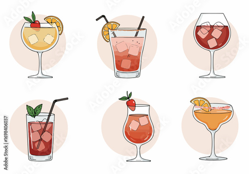 Collection of vibrant hand-drawn cocktail illustrations featuring various alcoholic and non-alcoholic drinks with ice and fresh fruit garnishes, perfect for menus and festive occasions.
