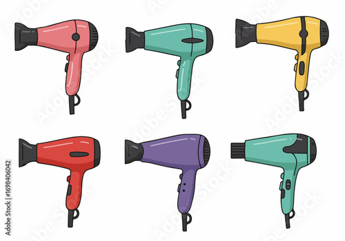 Colorful Hair Dryer Collection: Six Hand-Drawn Vector Illustrations of Styling Tools in Various Hues for Beauty and Personal Care Themes.