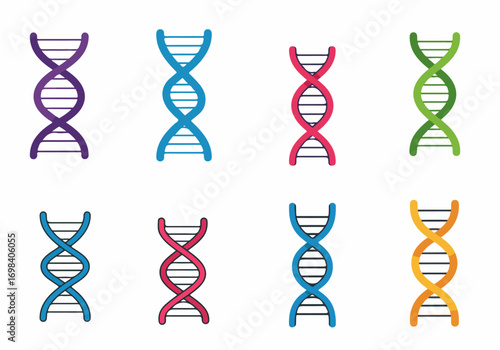 Vibrant and diverse set of DNA double helix icons, illustrating genetic science, biotechnology, and medical research in a modern vector style.