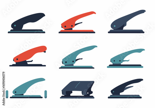 Vibrant and Modern Hole Puncher Collection: Flat Design Vector Illustrations for Office and School Stationery, Featuring Diverse Colors and Angles.