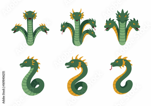 Cartoon Hydras and Dragons: A vibrant vector set of mythical green and orange multi-headed creatures and serpents, ideal for fantasy designs and children's content.