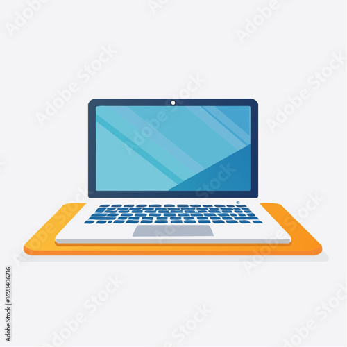 Modern Laptop on Orange Surface with Blue Screen