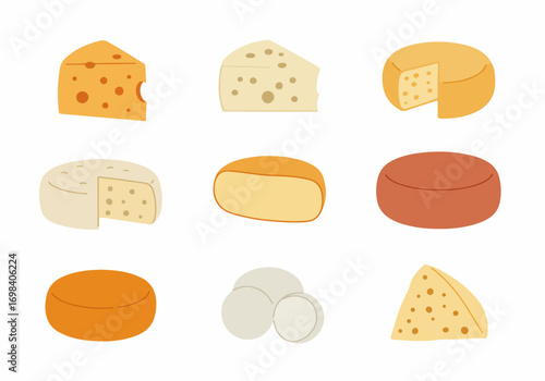 Diverse Cheese Icons Set: Flat Vector Illustrations of Dairy Products