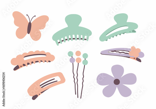 Collection of trendy pastel hair accessories and clips, featuring butterflies, flowers, and bobby pins in a cute, minimalist style.