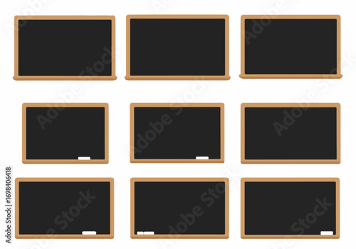 Collection of blank chalkboards and blackboards with wooden frames, some featuring chalk, suitable for education, menus, or message displays.