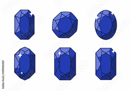 Collection of six stylized blue gemstones in various cuts, including rectangular, octagonal, and oval shapes, with sparkling facets on a white background, ideal for jewelry design.