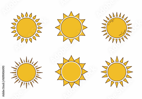 Set of Diverse Yellow Sun Icons with Hand-Drawn Style Rays. A collection of six unique cartoon suns representing summer, warmth, and sunny weather.