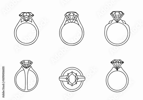 Collection of line art diamond rings, showcasing various solitaire and accent designs, perfect for jewelry, luxury, and special occasion themes.
