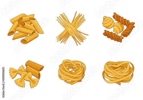 Assortment of Italian Dry Pasta Varieties Cartoon Illustration Set. Featuring Penne, Spaghetti, Farfalle, Fusilli, Rigatoni, and Tagliatelle on white.