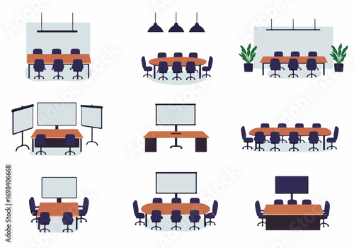 Collection of various empty meeting and conference room illustrations, featuring tables, chairs, presentation screens, and whiteboards for business concepts.