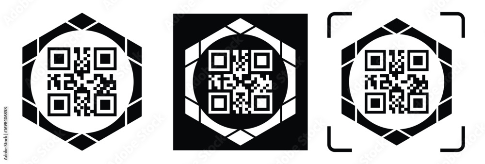 Obraz premium High-contrast black and white QR code with grid squares, centered in frame. Simple thin black border. Clean digital design, technical style, suitable for scanning or template use.