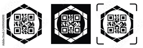 High-contrast black and white QR code with grid squares, centered in frame. Simple thin black border. Clean digital design, technical style, suitable for scanning or template use.