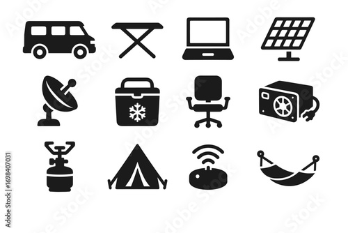 Travel hotspot inverter tent hammock vector dish van office mobile laptop icon