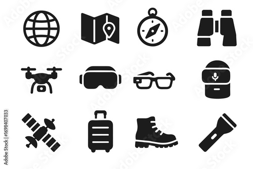 Digital vector assistant satellite icons compass glasses ai goggles icon flashlight globe