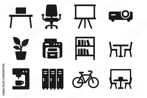 Office printer space meeting shared vector coworking bookshelf machine icons lockers icon