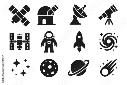 Icon lens vector cluster telescope ground collection star astronaut space planet