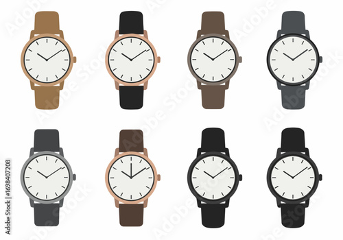 Collection of eight minimalist analog wristwatches with various case and strap colors, depicting timeless style and modern elegance in flat vector design.