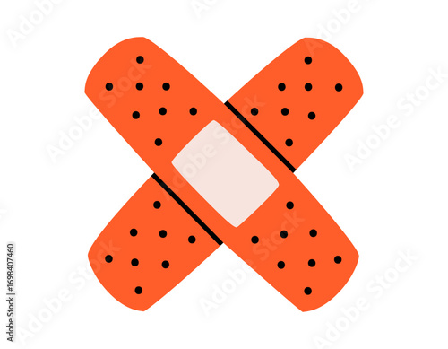 Hand drawn cute illustration of two crossed adhesive plasters. Flat vector medical court plaster doodle. Sticky aid patch. Health care treatment sticker, icon. Support or help. Isolated.