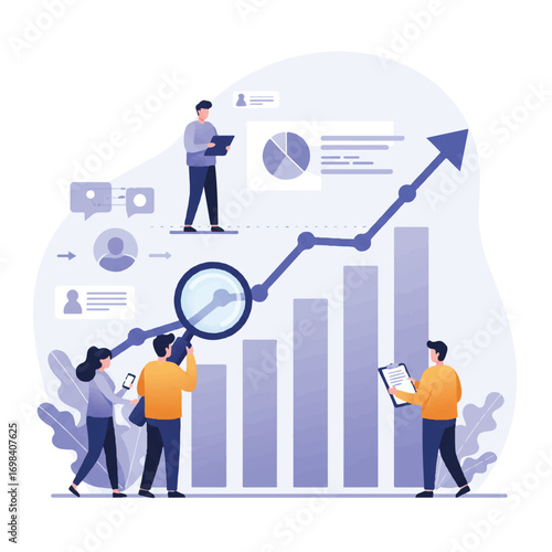 A group of people in a vibrant flat 2D vector illustration intently observe and analyze an upward-trending line graph, symbolizing robust business growth and data-driven success.