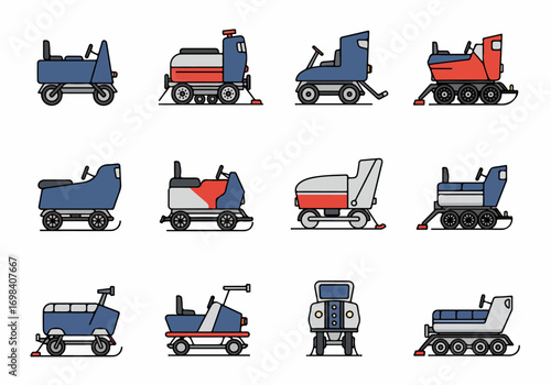 Vector illustration of various snow groomers and recreational snow vehicles in a cartoon flat design style, perfect for winter themes and sports.