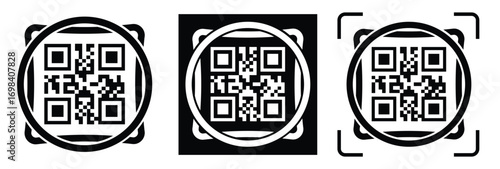 High-contrast black and white QR code with grid squares, centered in frame. Simple thin black border. Clean digital design, technical style, suitable for scanning or template use.