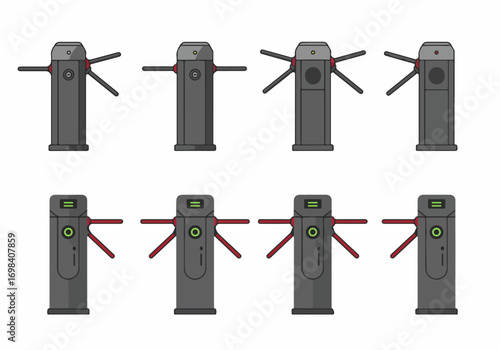 Collection of Modern Turnstiles: Tripod and Flap Barrier Access Control Systems with Various States and Indicator Lights